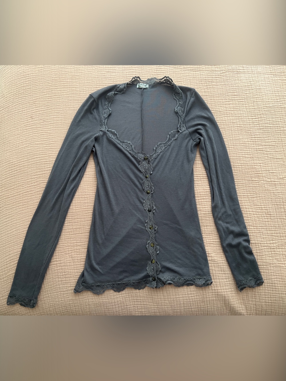 Free People Lace-Trim Long Sleeve Cardigan - Charcoal Gray - M